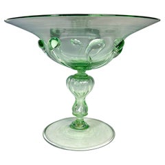 Hand Blown Murano Venetian Footed Green Centerpiece w/ Teardrop Swirling Prunts