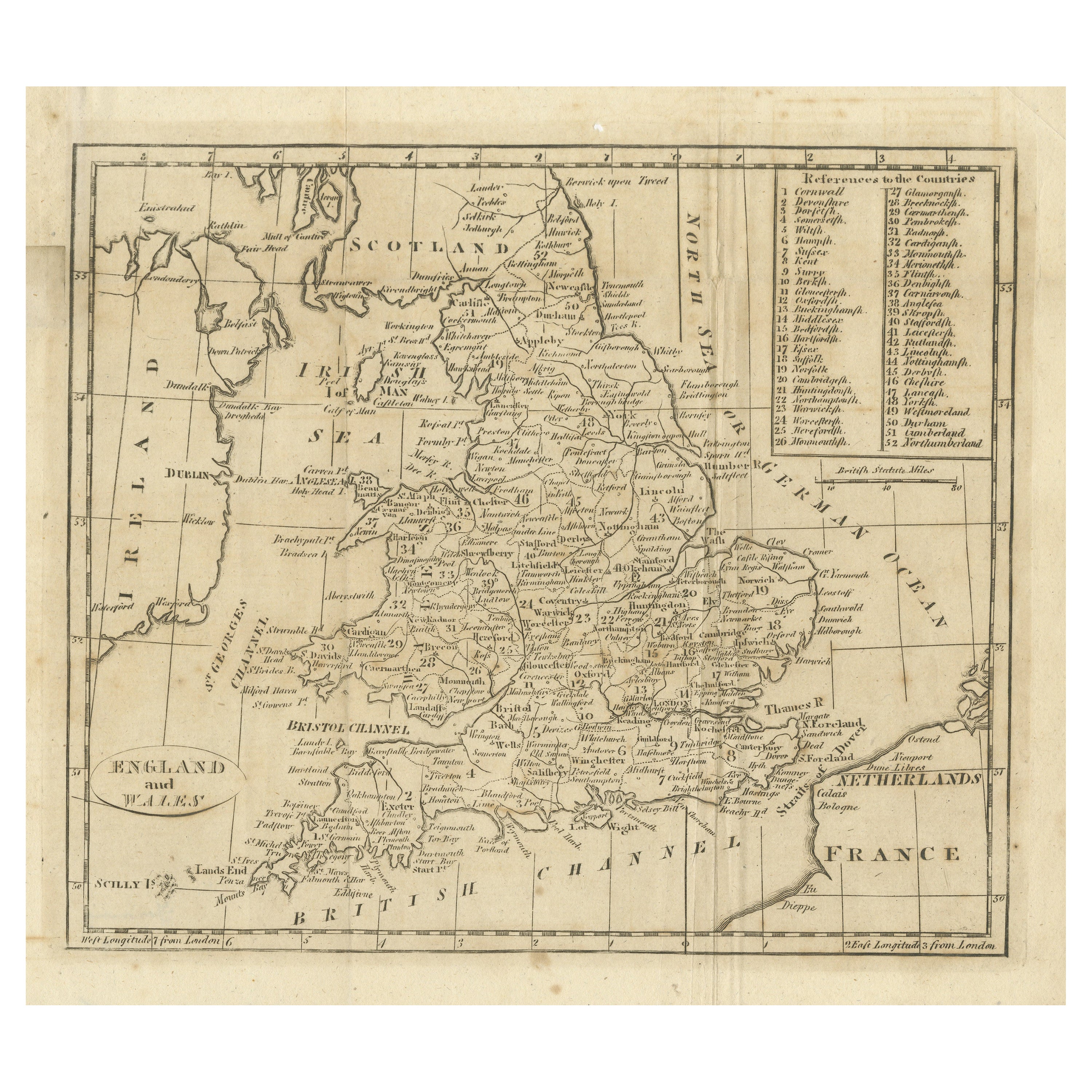 Antike Karte von England und Wales, mit Referenzen zu den Grafschaften