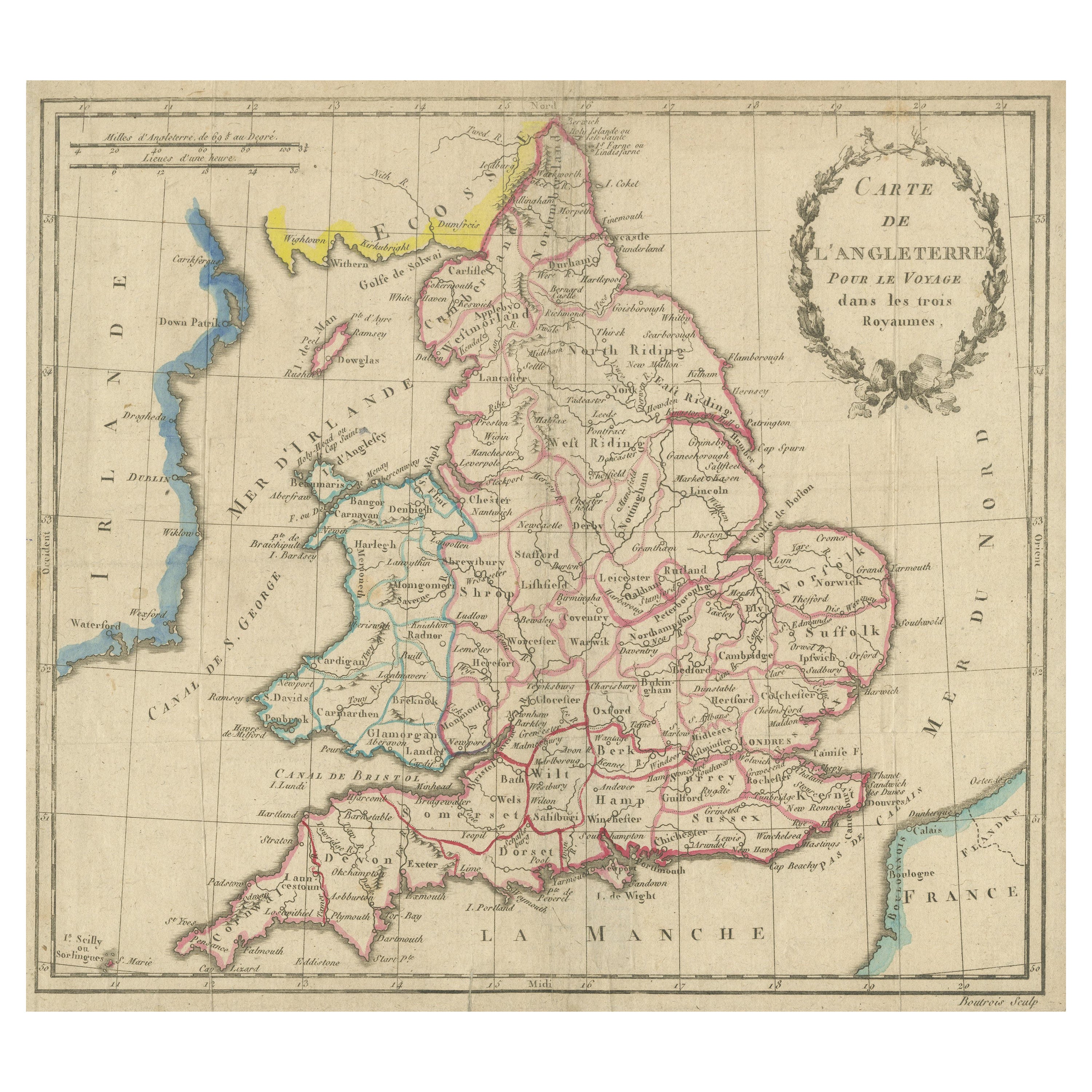 Antique Map of England, Also Showing Calais For Sale