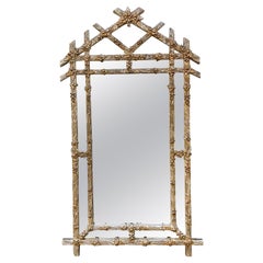 Vintage 1960s Hollywood Regency Carved Silver Gilt Faux Bois Wall Mirror