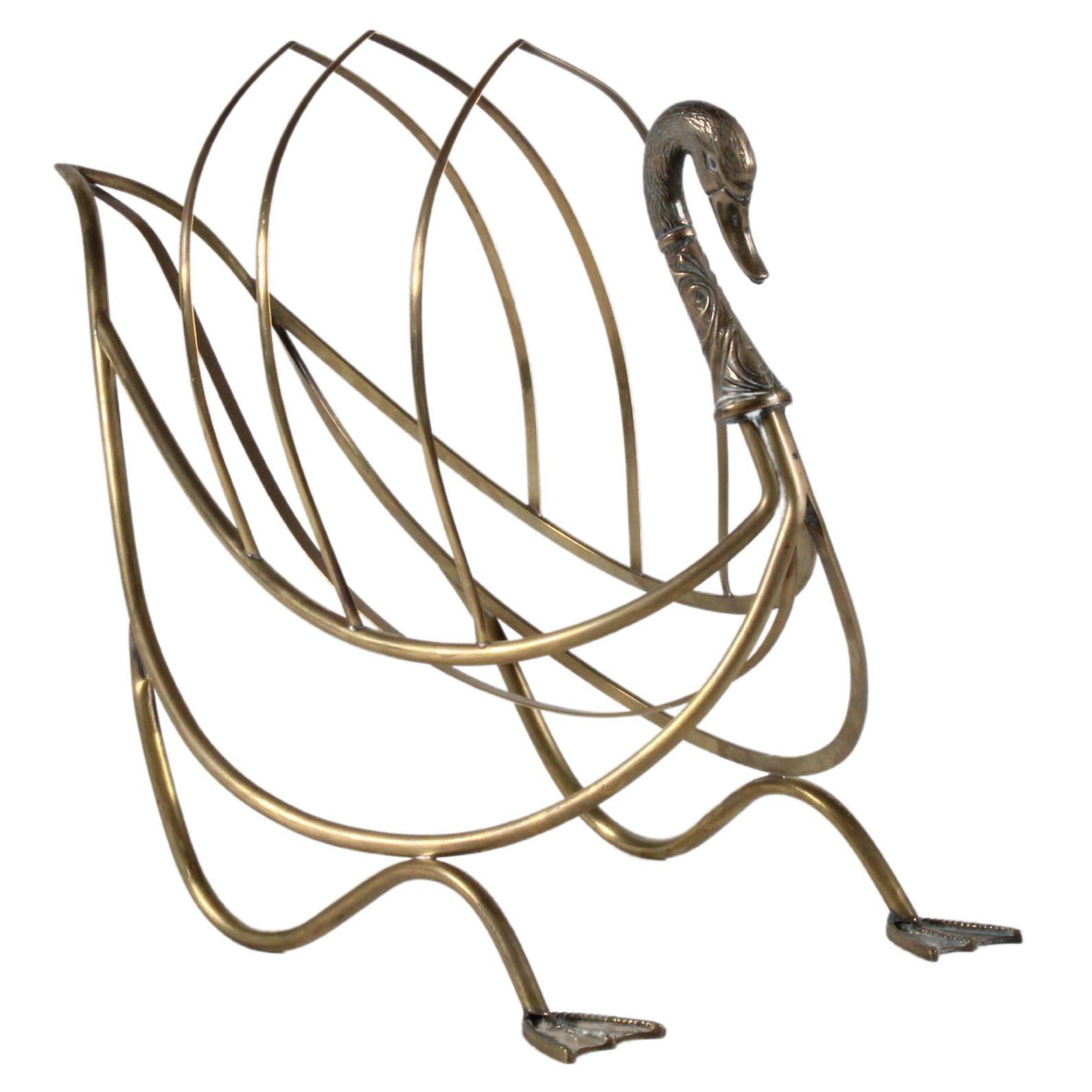 Brass Swan Magazine Rack in the Style of Maison Jansen For Sale