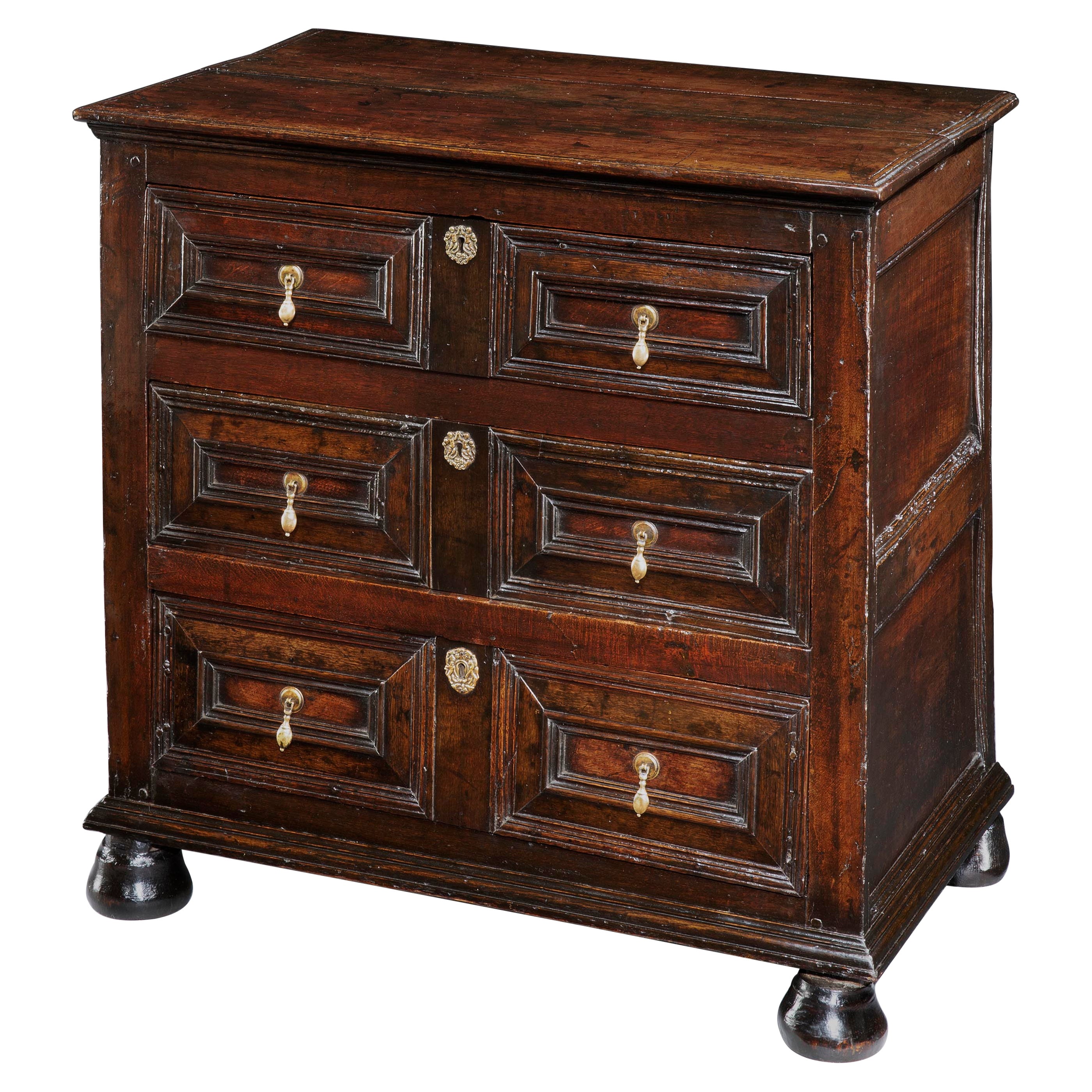 Chest of Drawers Oak Cushion Moulding Panelled Bun Feet Drop Handles Vernacular