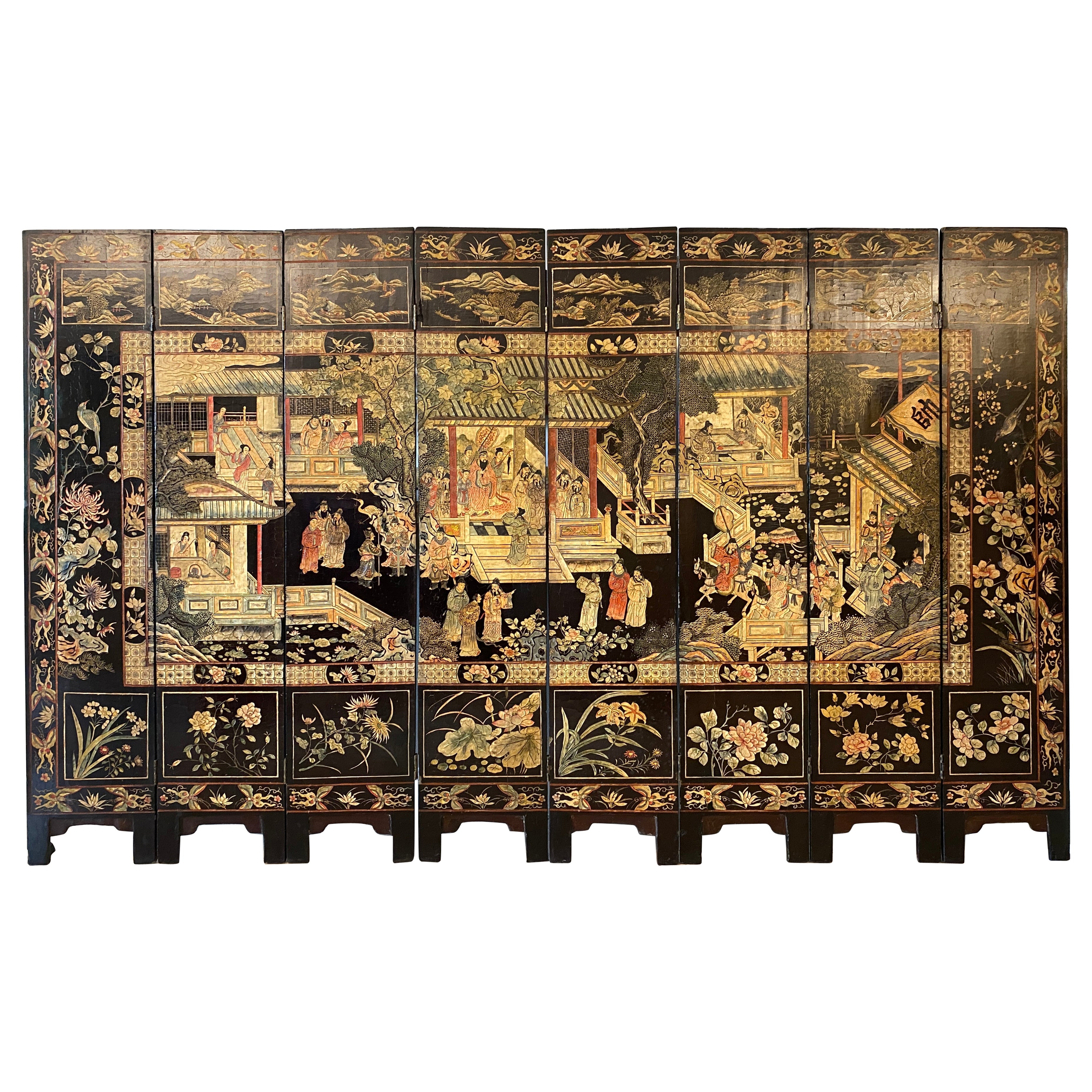 Paravent chinois à huit panneaux de Coromandel du début du XIXe siècle