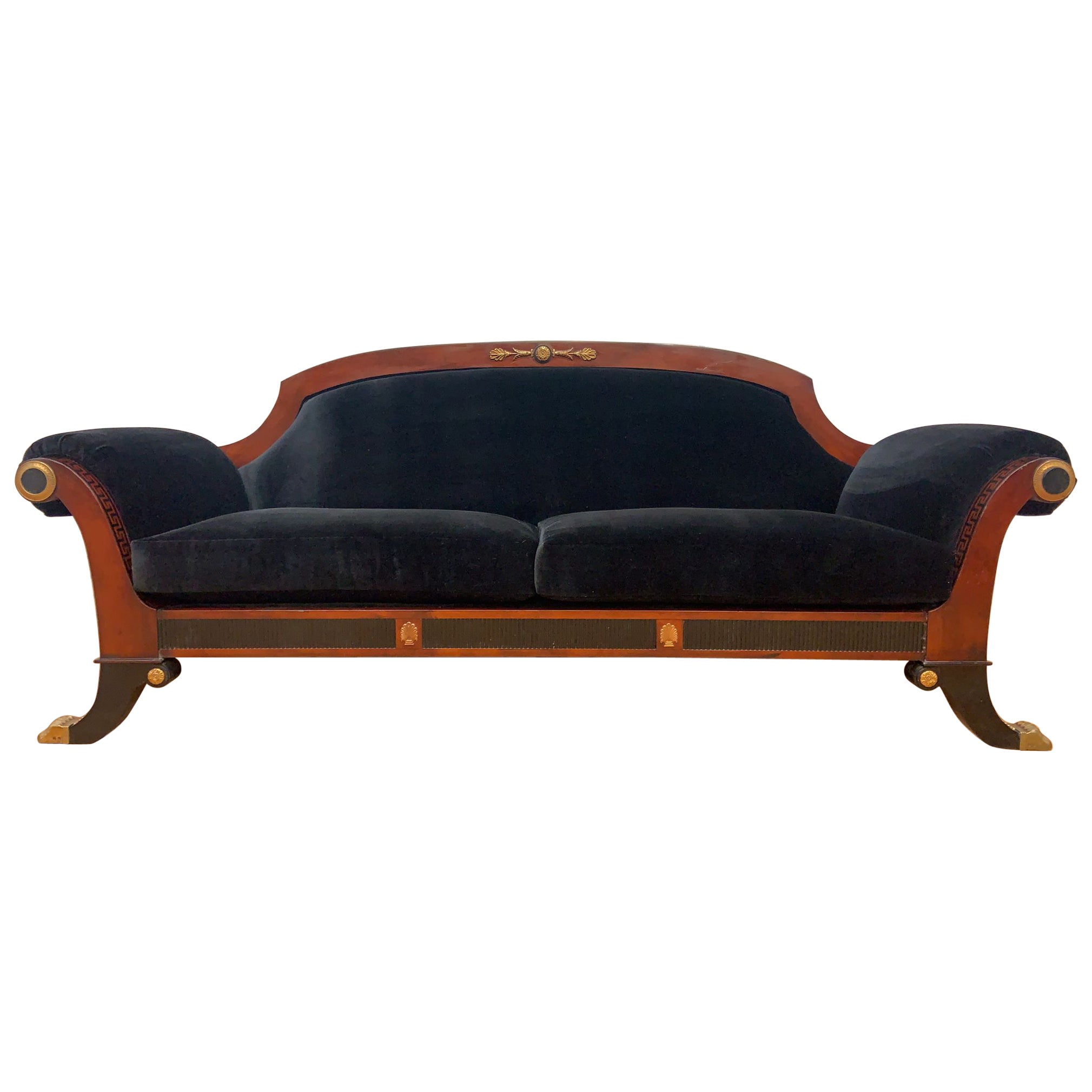 Grecian Mahogany Scroll Arm Sofa with Brass Trim Newly Upholstered in Velvet For Sale