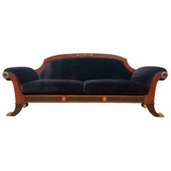 Grecian Mahogany Scroll Arm Sofa with Brass Trim Newly Upholstered in Velvet