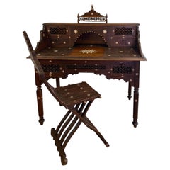 Antique Writing Desk and Chair Set circa 1920s, Moorish Style Inlaid Desk