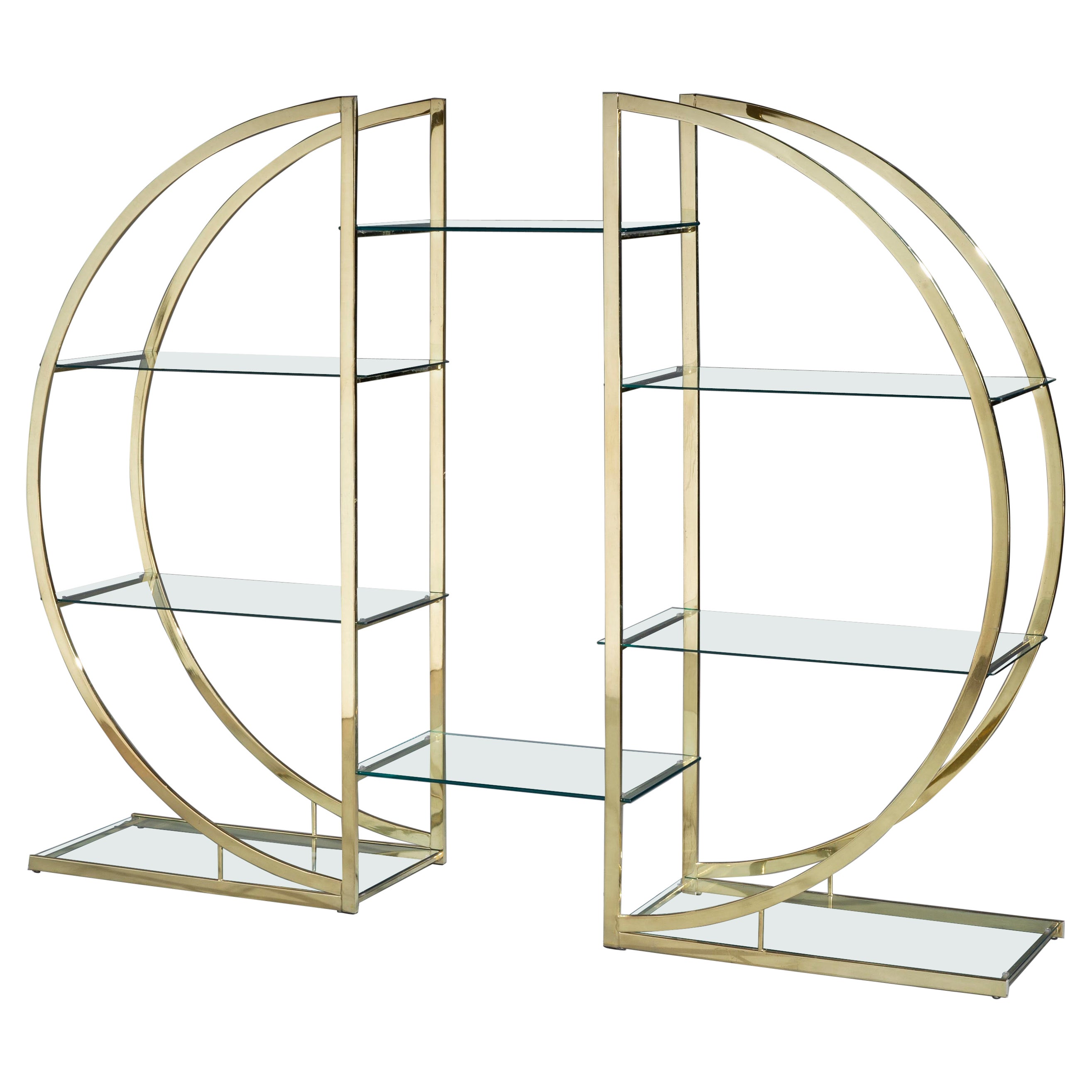 Bookcase Demi-Lune Brass Glass Vintage Art Deco Style For Sale