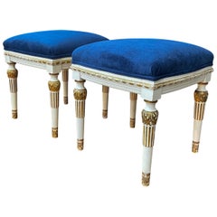 Early 20th Century French Carved Giltwood And Painted Ottomans In Velvet, Pair