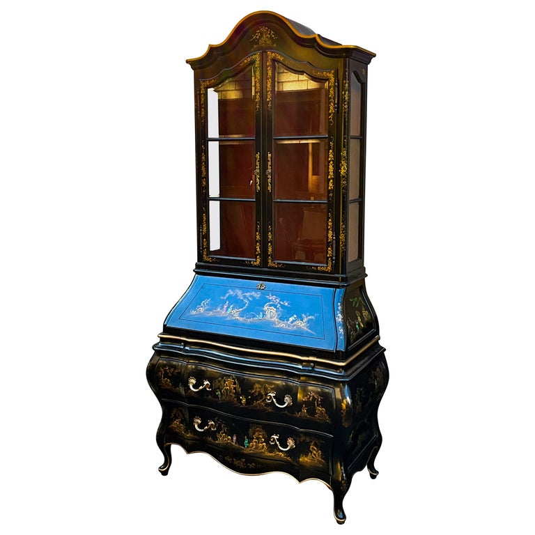 Midcentury French Style Black Lacquer Chinoiserie Secretary Desk