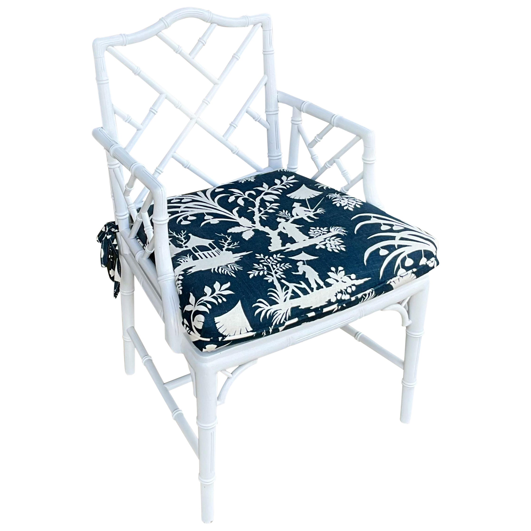 White Chinese Chippendale Style Faux Bamboo Chair in Thaibaut South Seas  For Sale