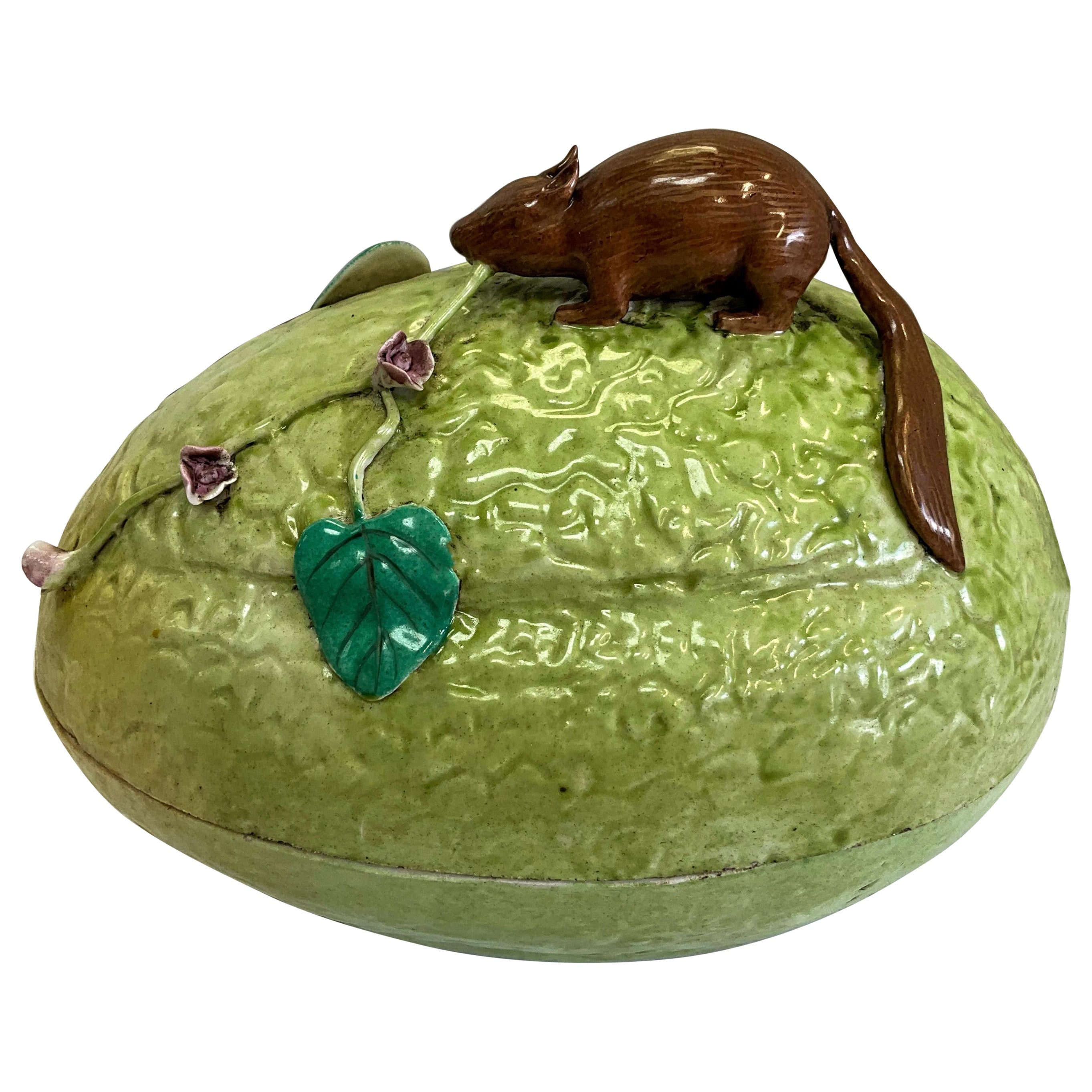 Midcentury Chinese Export Melon Form Pottery Tureen with a Squirrel on Top For Sale