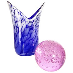 Murano Glasses Blue Vase and Purple ball Retro 1970s -Art-