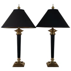 2 Vintage Speer American Empire Black Marble & Brass Table Lamps Torch Horn Pair
