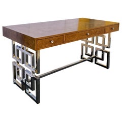 Modern Style Patchwork Burl and Chrome Desk / Writing Table by Bernhardt