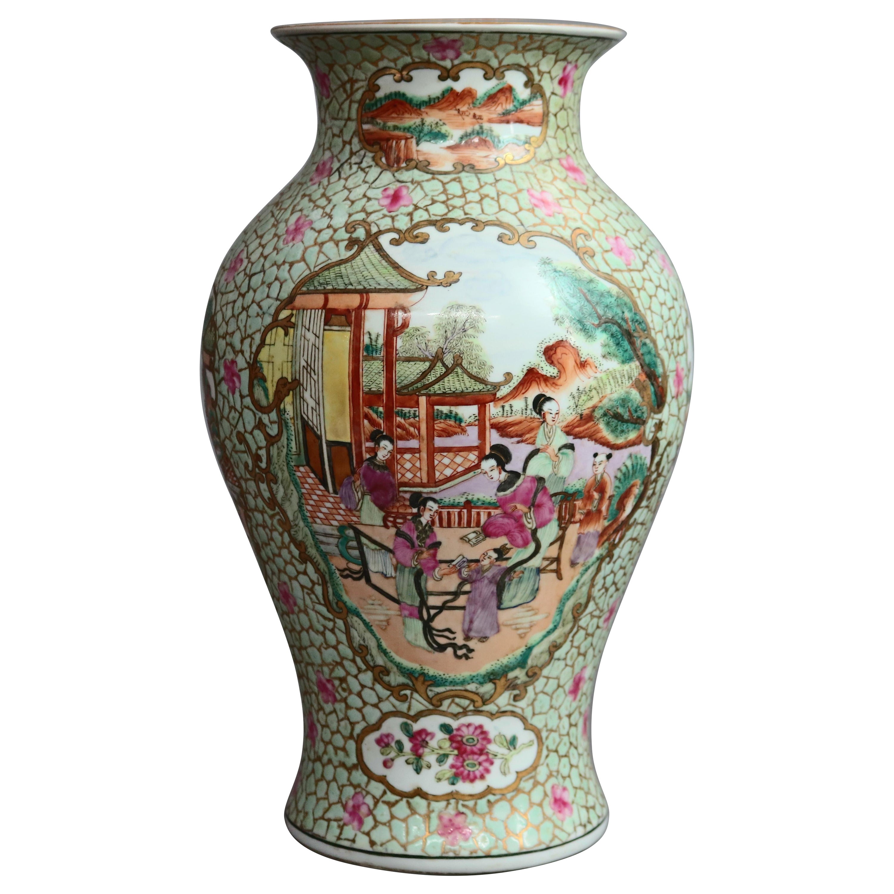 Antique Chinese Rose Medallion Porcelain Vase with Garden Scene, circa