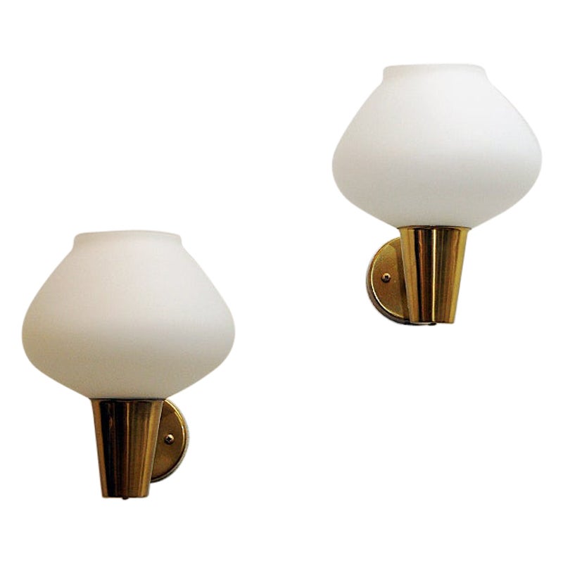 Brass and Opaline Glass Wall Lamp Pair by ASEA, Sweden, 1950s