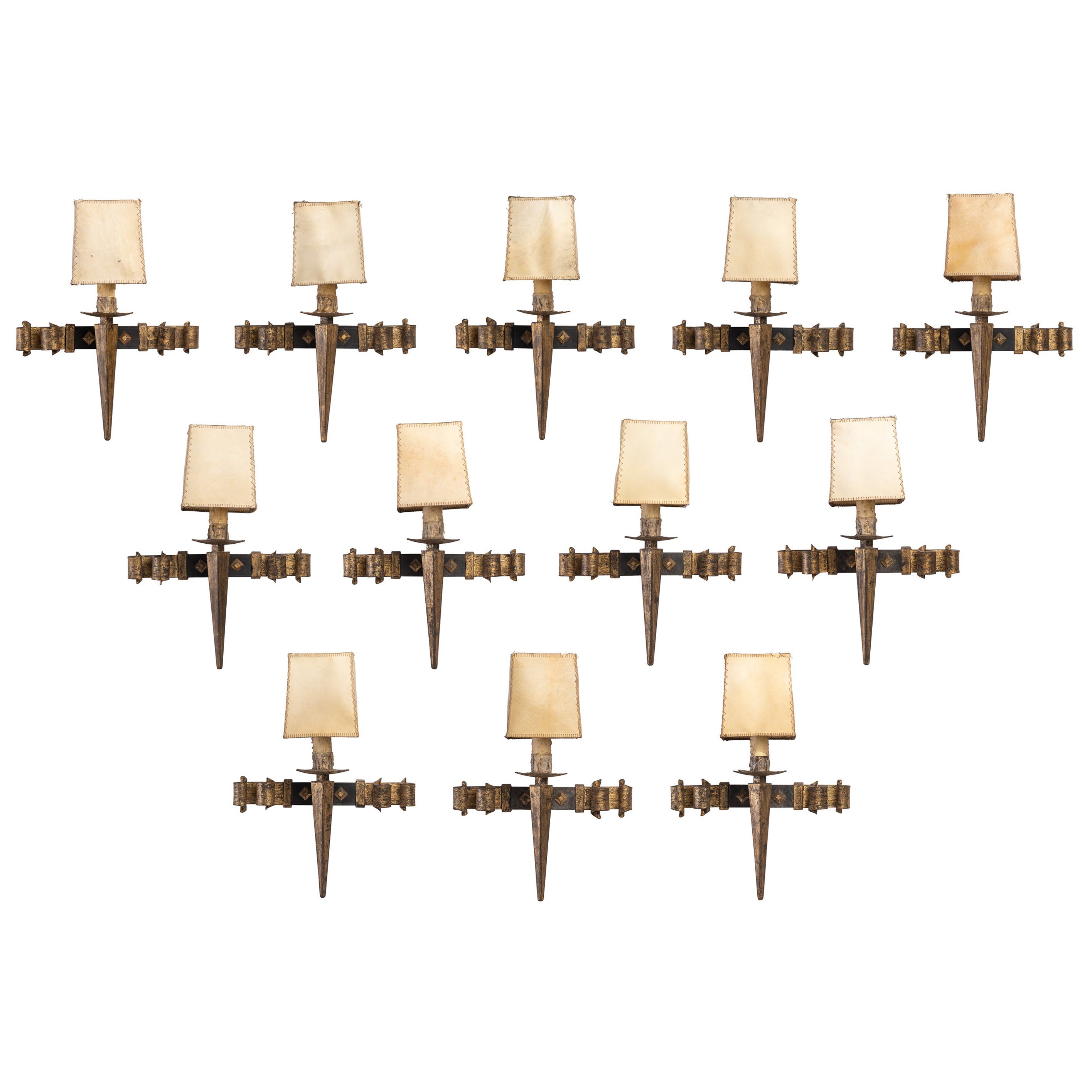 Set of 12 Neo-Gothic Medieval Style Iron Wall Sconces with Parchment Shades For Sale
