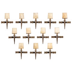 Set of 12 Neo-Gothic Medieval Style Iron Wall Sconces with Parchment Shades