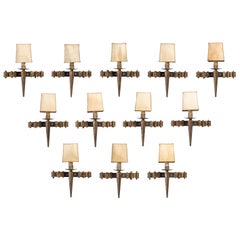 Set of 12 Neo-Gothic Medieval Style Iron Wall Sconces with Parchment Shades