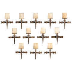 Retro Set of 12 Neo-Gothic Medieval Style Iron Wall Sconces with Parchment Shades