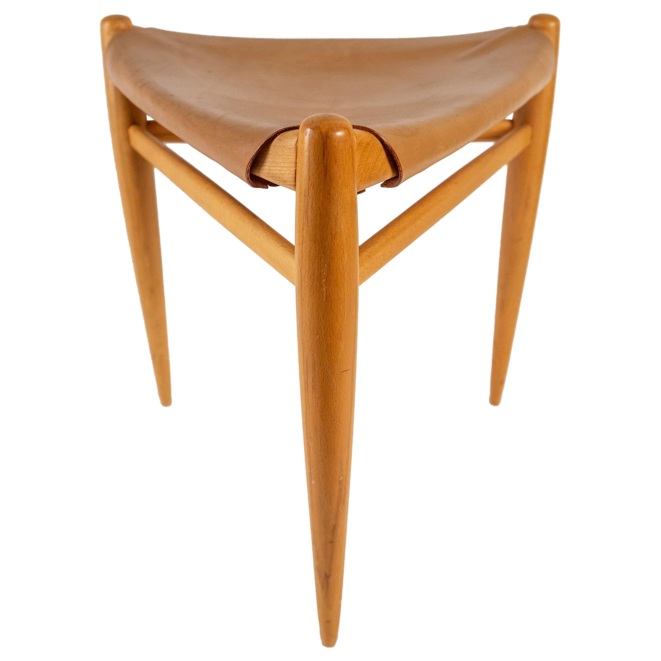 3 Leg Beechwood Stool by Uno & Östen Kristiansson, Luxus - Vittsjö Sweden 1960s