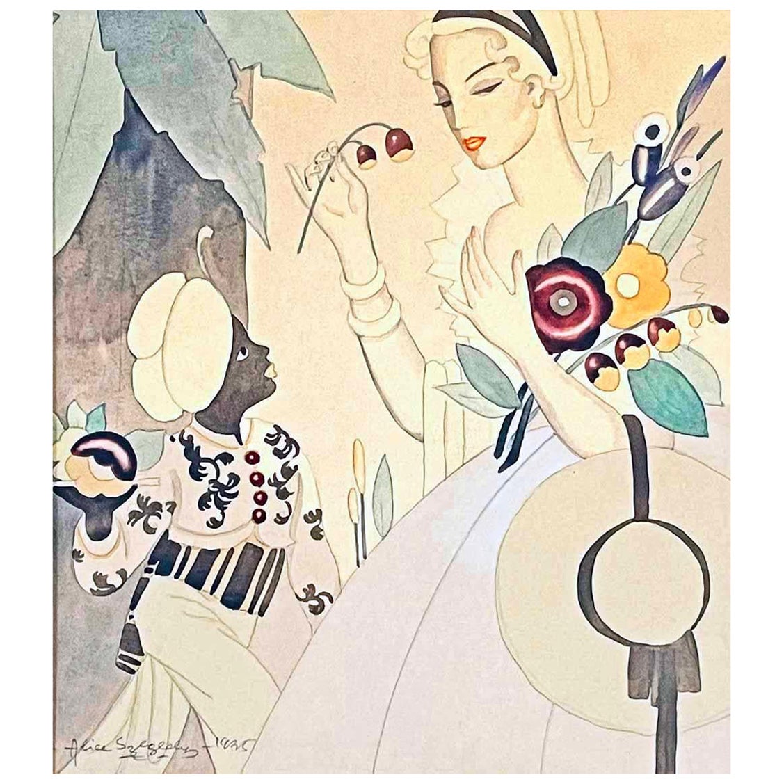 "Female Figure with Bouquet", Art Deco Watercolor Painting by Alice Szegedy For Sale