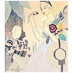 "Female Figure with Bouquet", Art Deco Watercolor Painting by Alice Szegedy