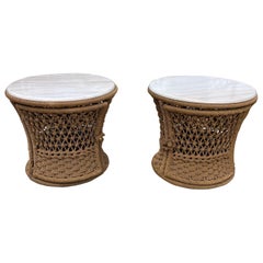 Studio Most Marzio Cecchi Woven Rope, Travertine, & Bronze Nightstands, a Pair