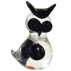 Seguso - Figurine de hibou en verre d'art italien transparent de Murano avec accents noirs