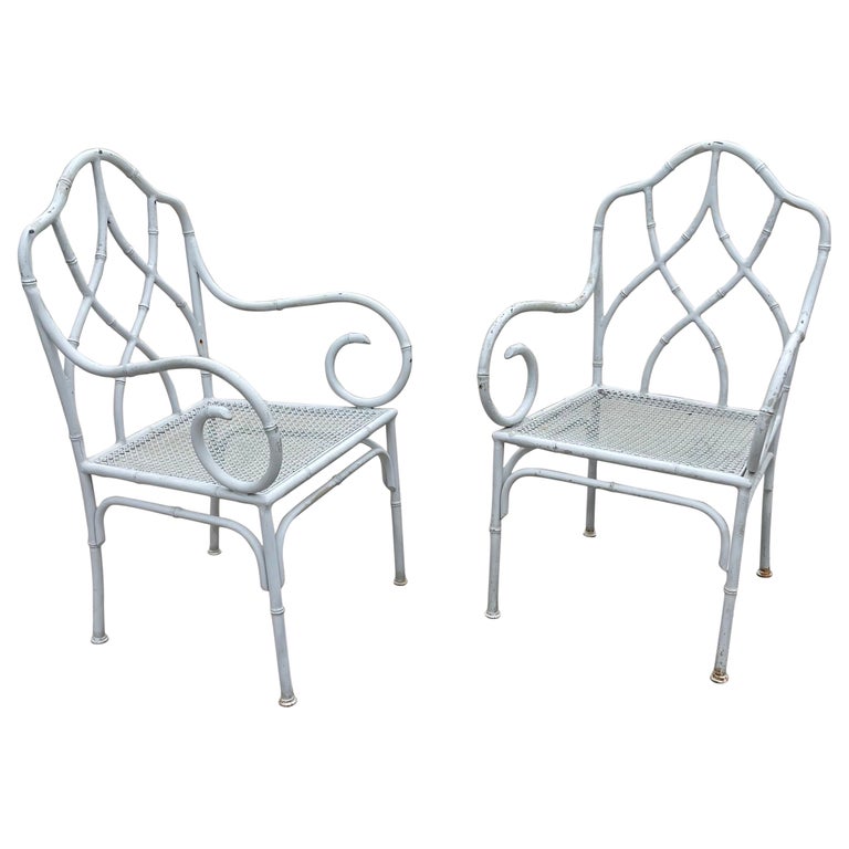 Wrought Iron Chinese Chippendale Faux Bamboo Scroll Arm Chairs - a Pair ...