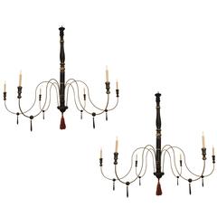 Pair of Very Large Italian Ebonized and Silvered Six-Light Chandeliers