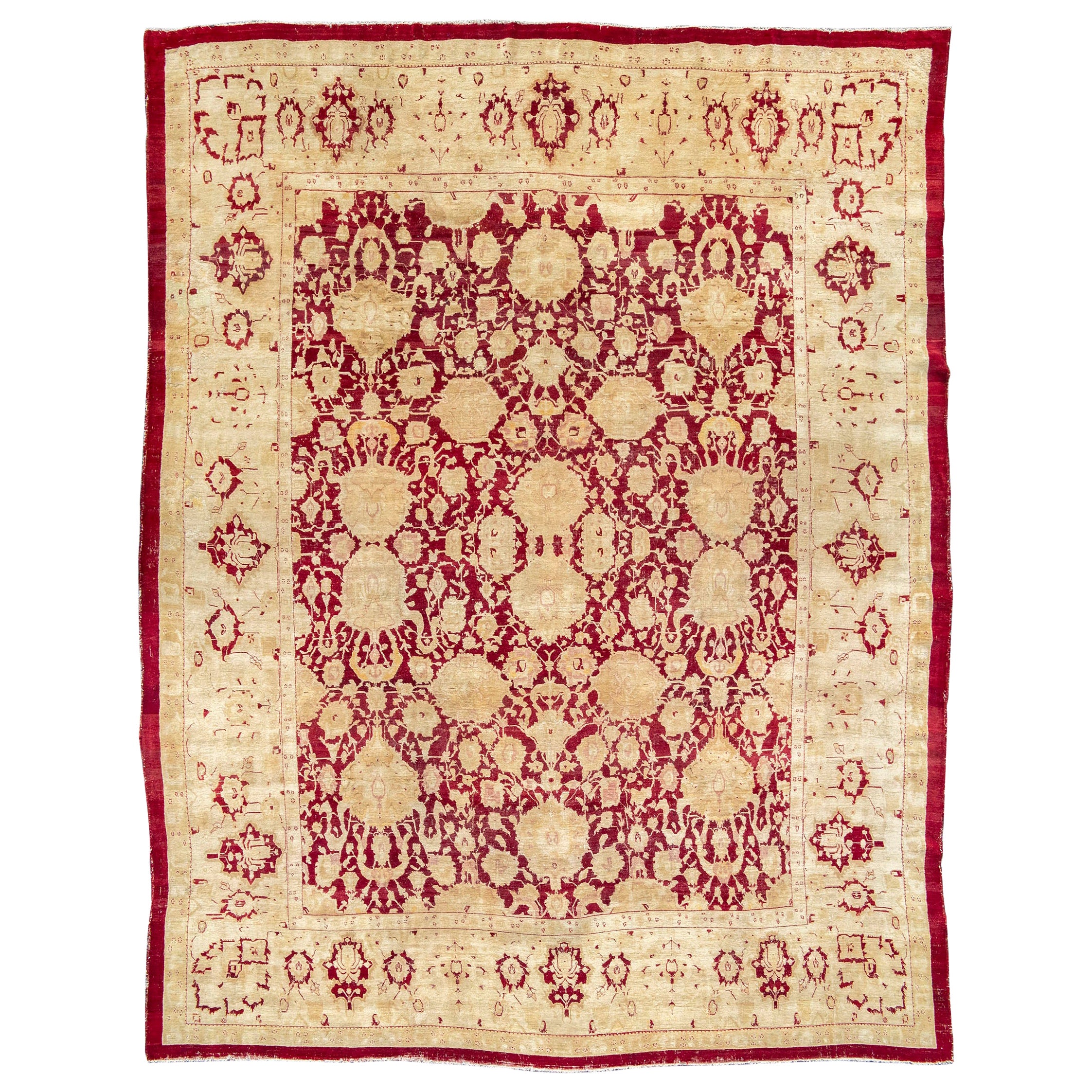 Antiker großer roter und goldener Agra-Teppich, spätes 19. Jahrhundert