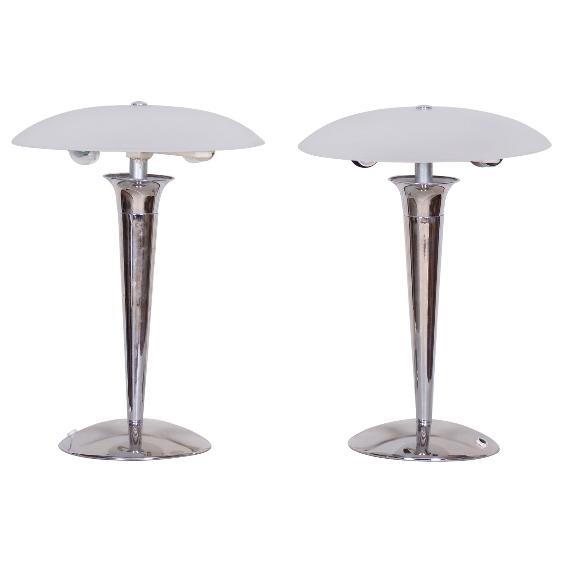 Pair of Midcentury Table Lamps, Chrome-Plated Steel, Milk Glass, Germany, 1950s
