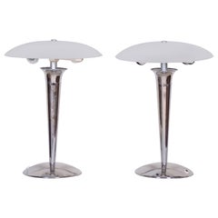 Vintage Pair of Midcentury Table Lamps, Chrome-Plated Steel, Milk Glass, Germany, 1950s