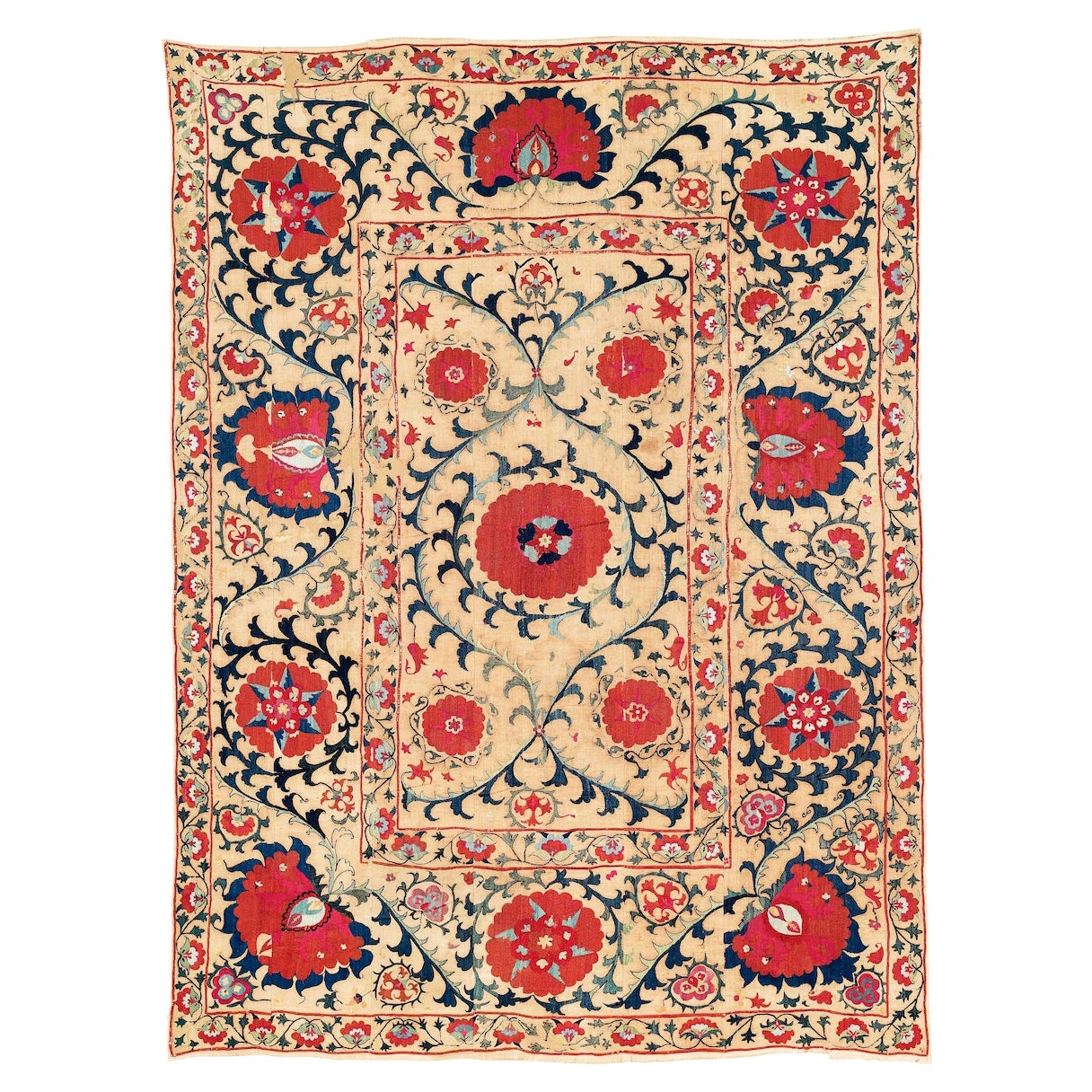Antiker usbekischer Suzani-Stickerei-Teppich, um 1800 im Angebot