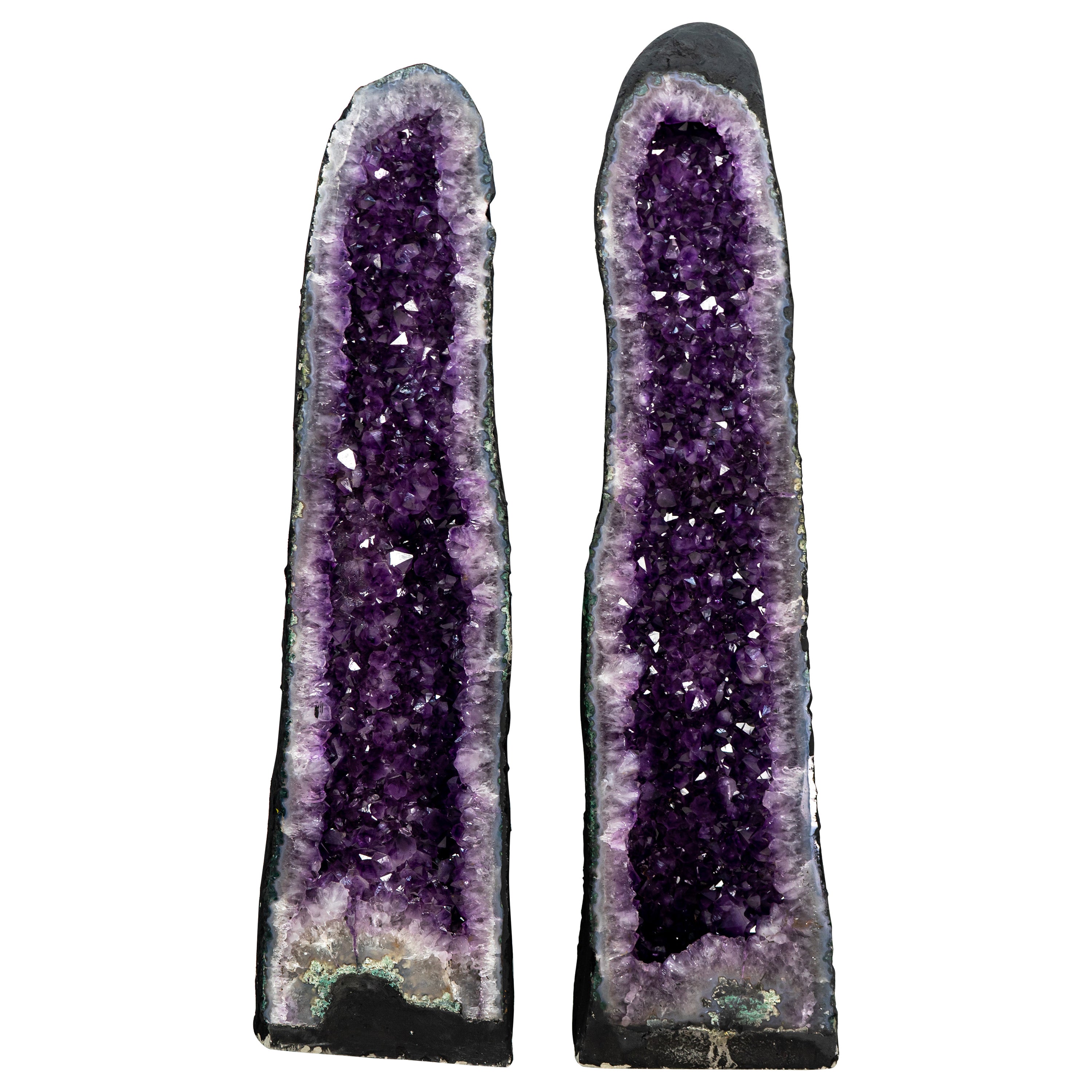 Pair of Tall Amethyst Cathedral Geodes with Deep Purple AAA Amethyst Druzy For Sale