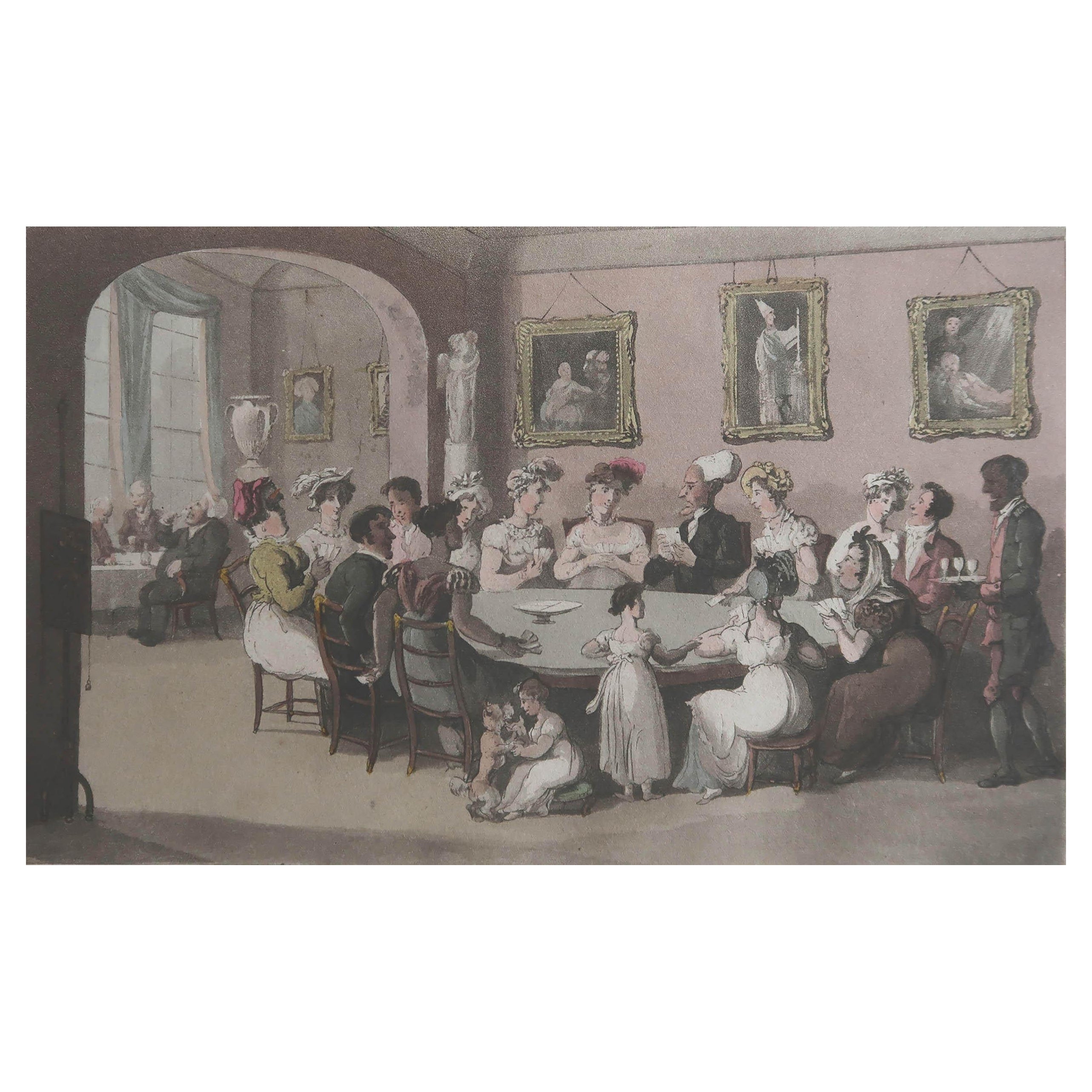 Impression ancienne d'origine d'après Thomas Rowlandson, fête des cartes, 1821