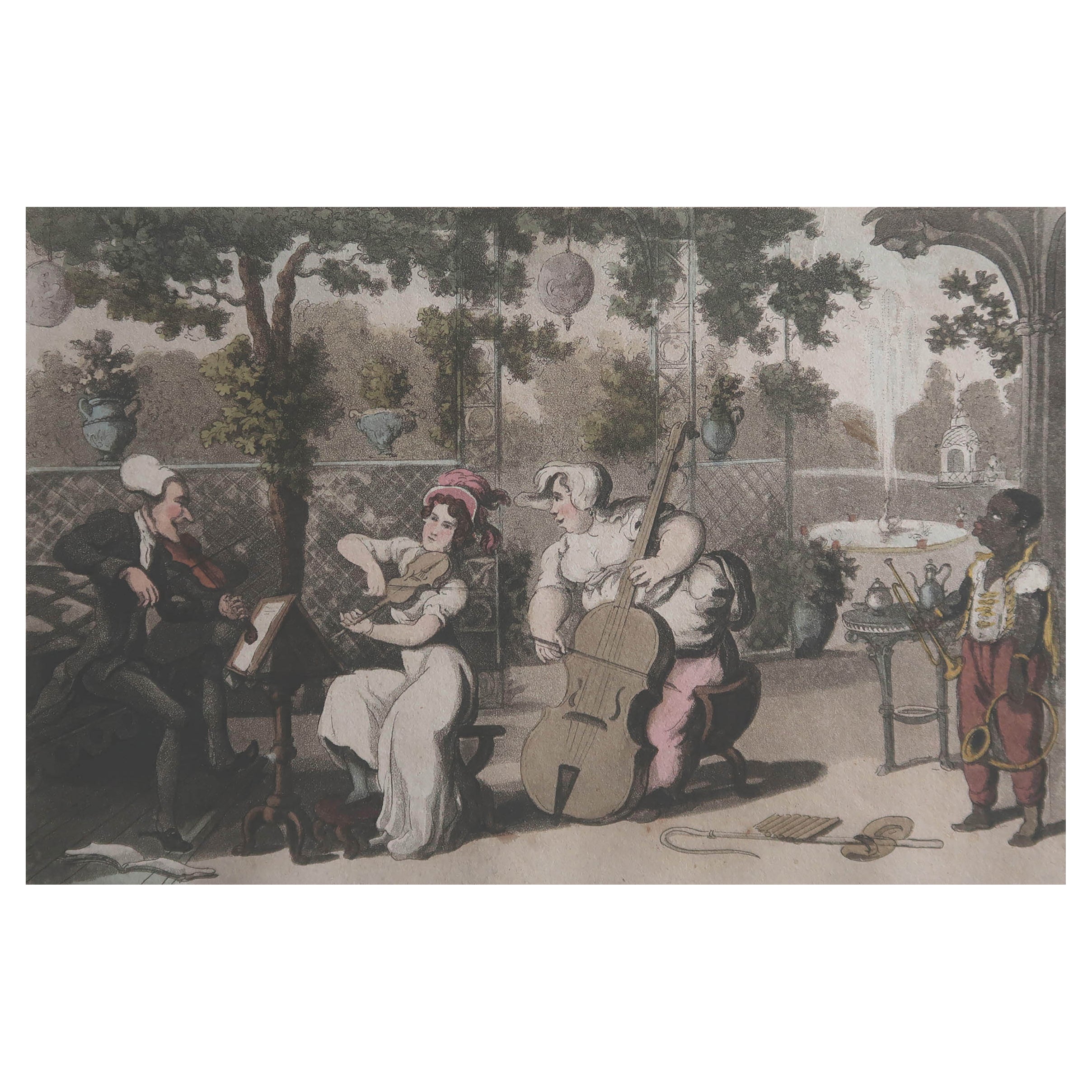 Original Antiker Druck nach Thomas Rowlandson, Gartentrio, 1820 im Angebot