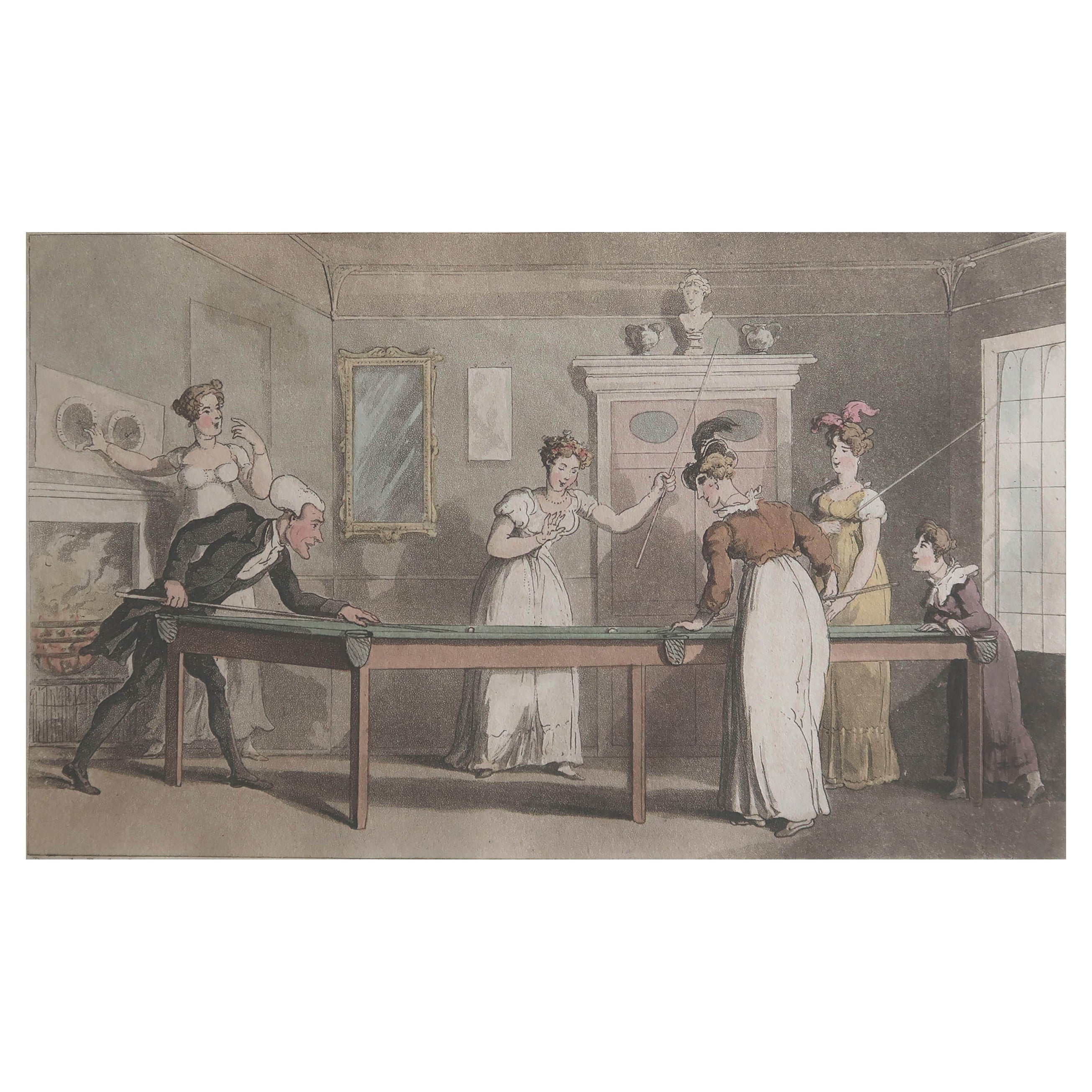 Impression ancienne d'origine d'après Thomas Rowlandson, « Playing Billiards », 1820
