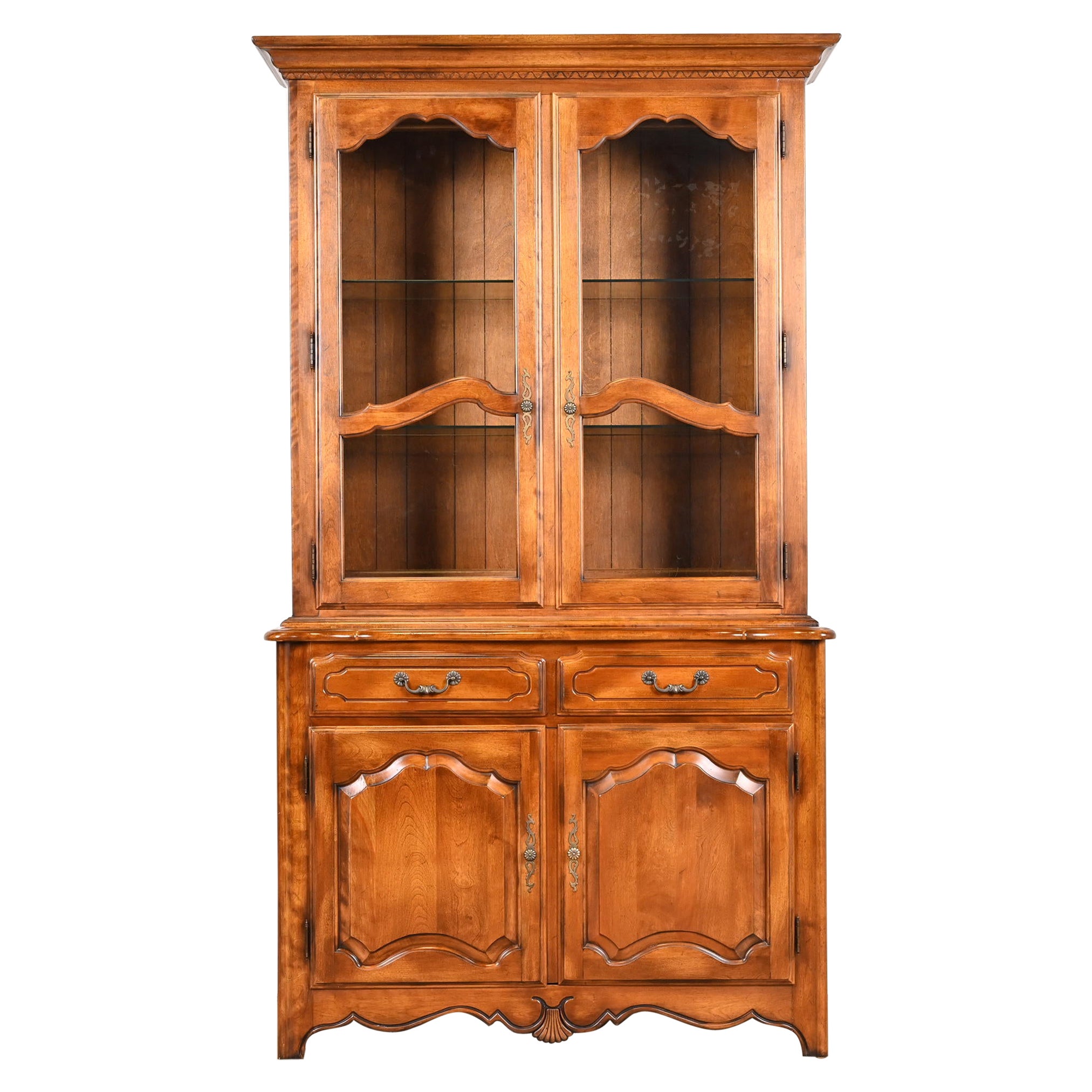 French Provincial Louis XV Birch Lighted Breakfront Bookcase Cabinet