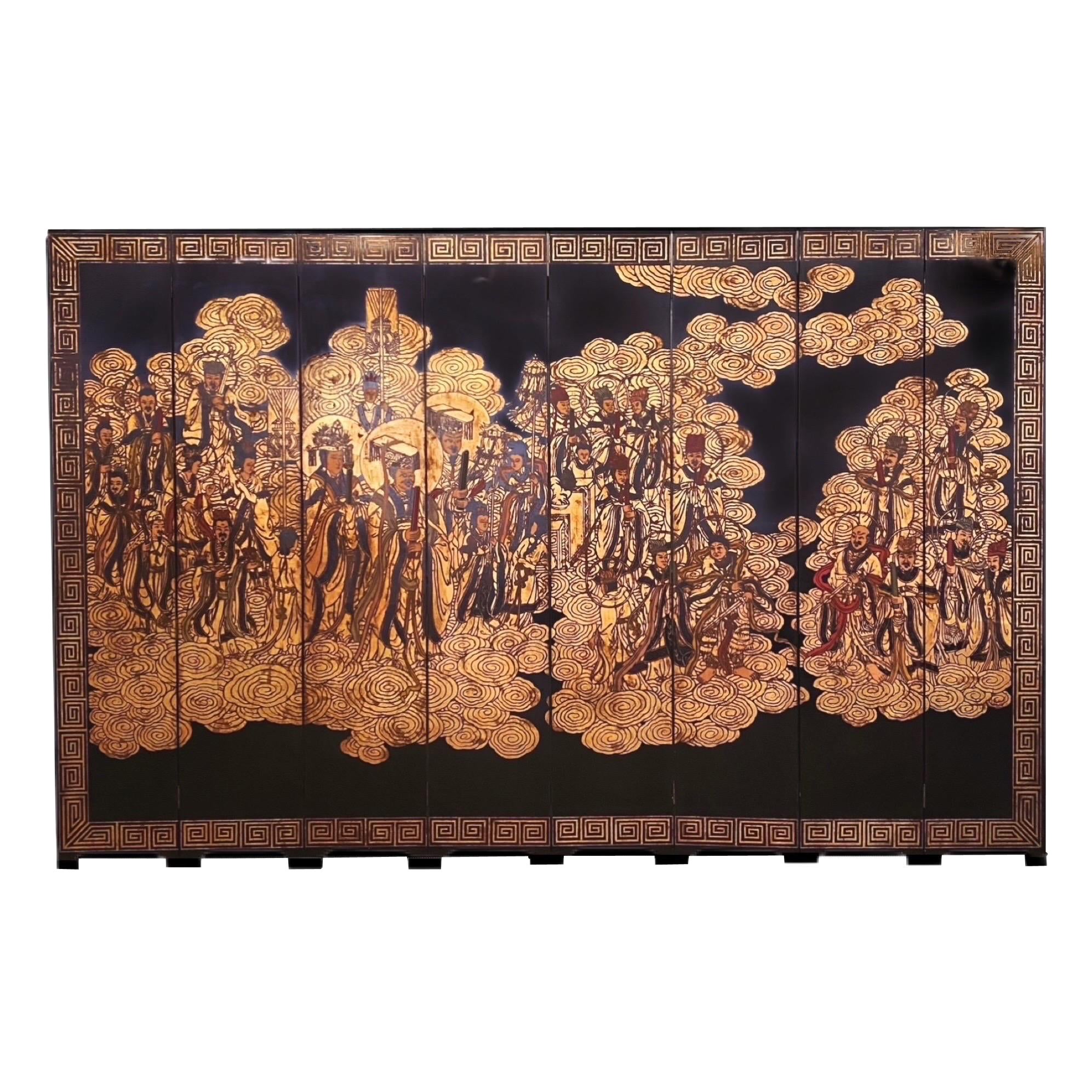 Chinesischer Coromandel-Raumteiler des 20. Jahrhunderts, schwarz vergoldet, achtteilig, unsterbliche Himmelsgöttinnen