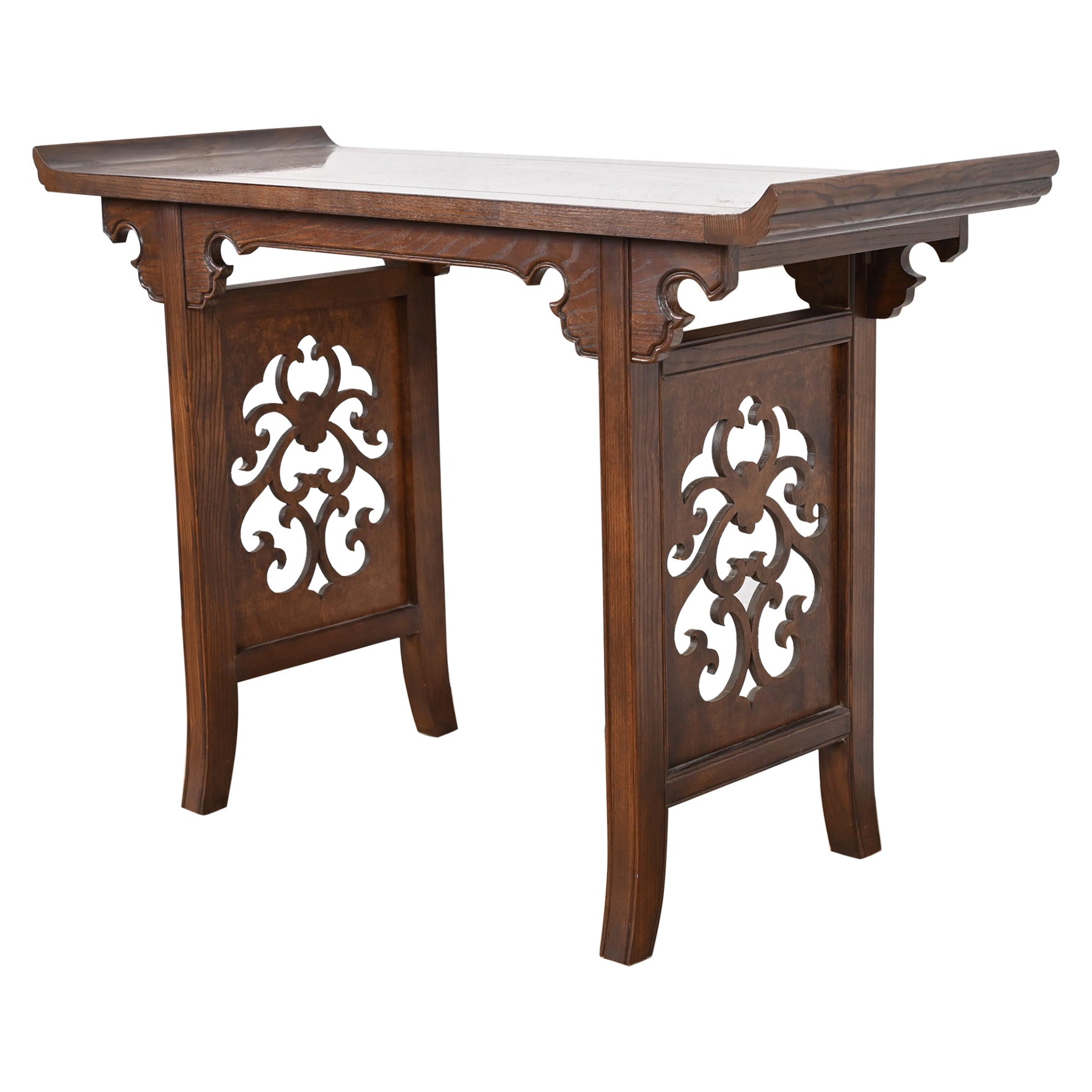 Michael Taylor for Baker Hollywood Regency Chinoiserie Burl Wood Console Table