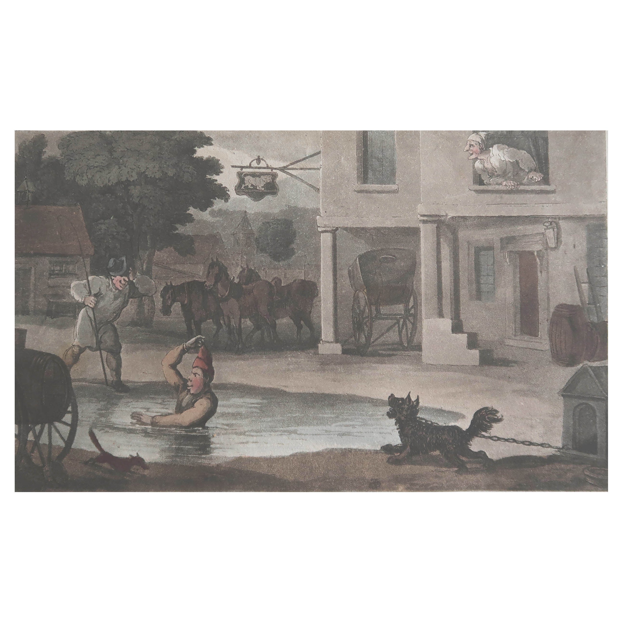 Impression ancienne d'origine d'après Thomas Rowlandson, Pat in the Pond, 1820