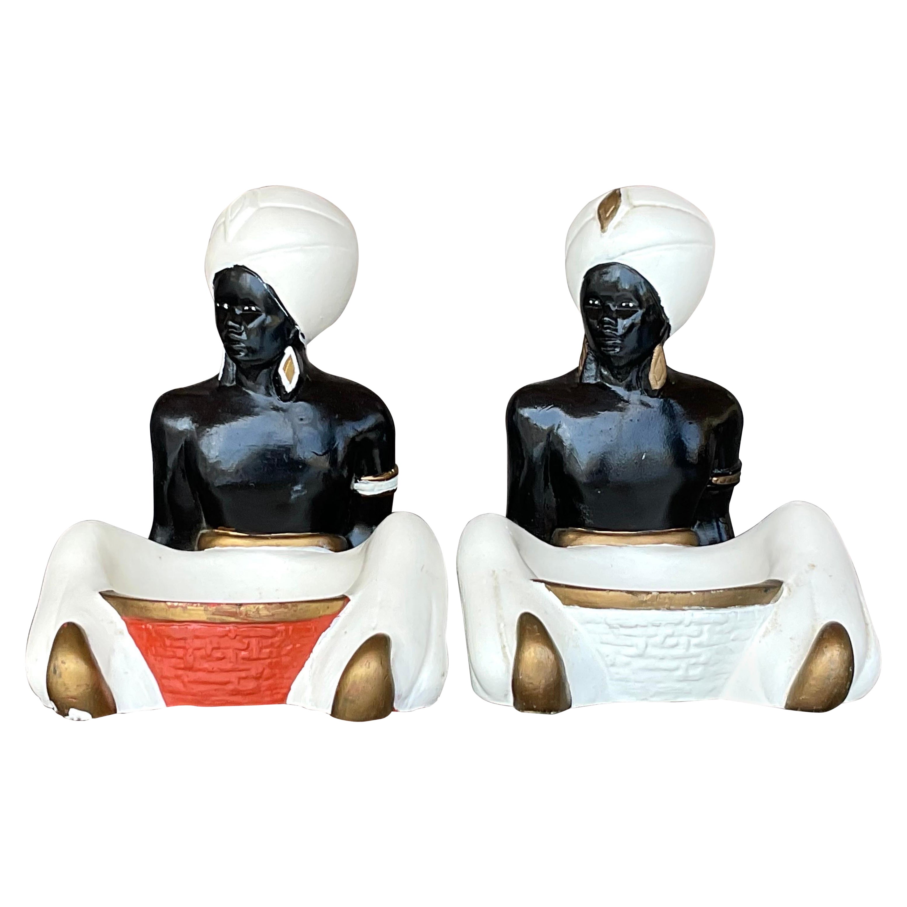 Vintage Pair Nubian Lamps Chalkware Blacksmoor 1950 White