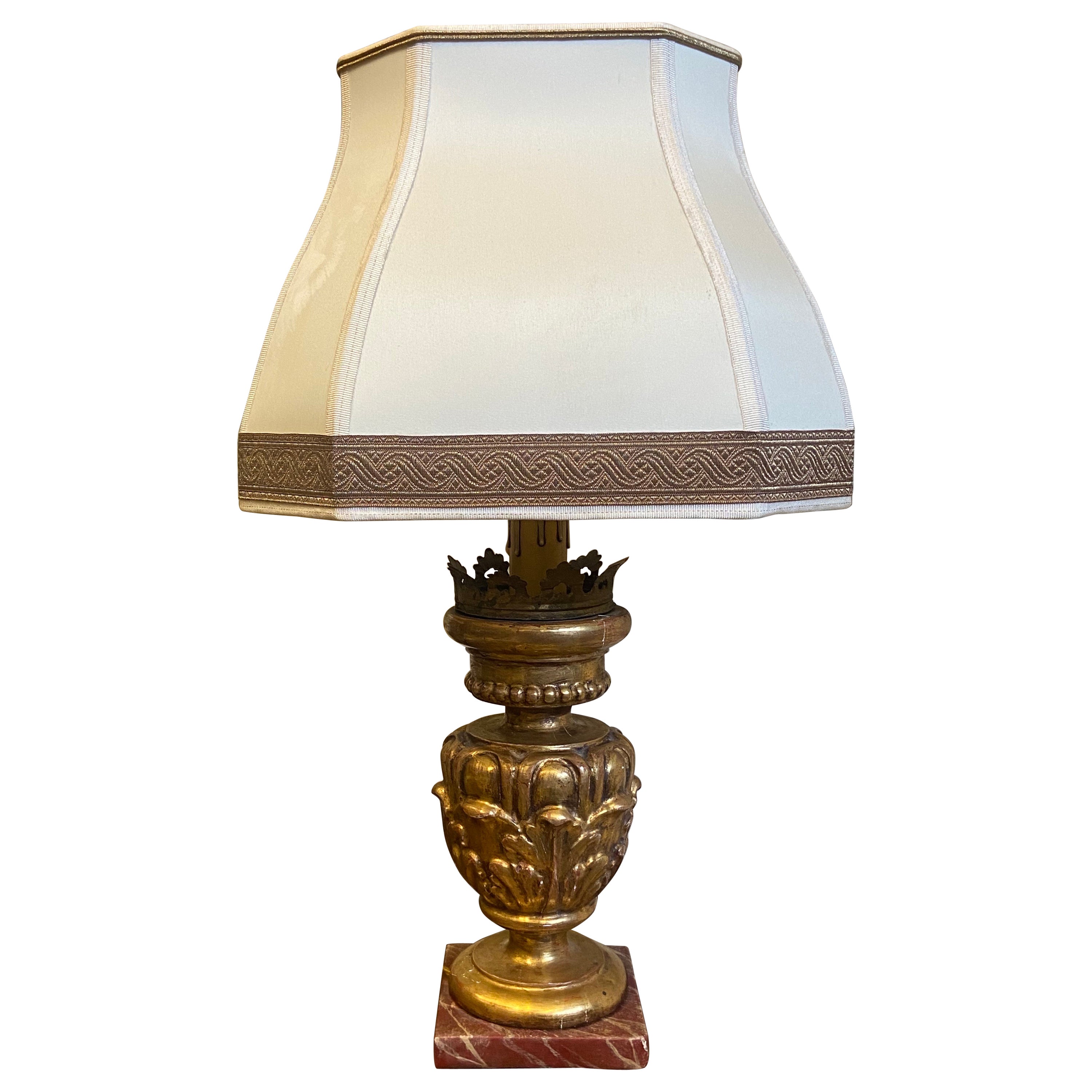 20th Century French Giltwood Hand Carved Table Lamp with White Shade For Sale