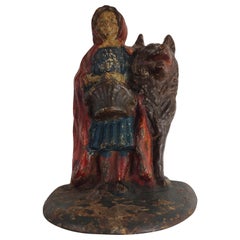 Hubley Cast Iron Lil Red Riding Hood & the Wolf Door Stop in Old Original Paint