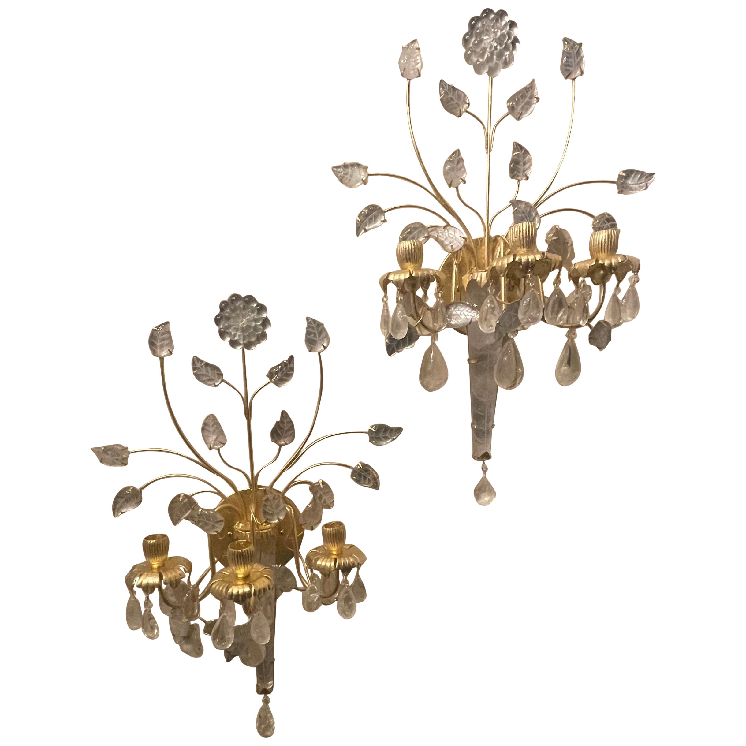 A Wonderful Pair Of Maison Baguès Style Rock Crystal With Flowers & Leaf Spray Bouquet With A Gold Leaf Gilt Finish, Each Of The Sconces Having 3 Candelabra Sockets, Newly Electrified.