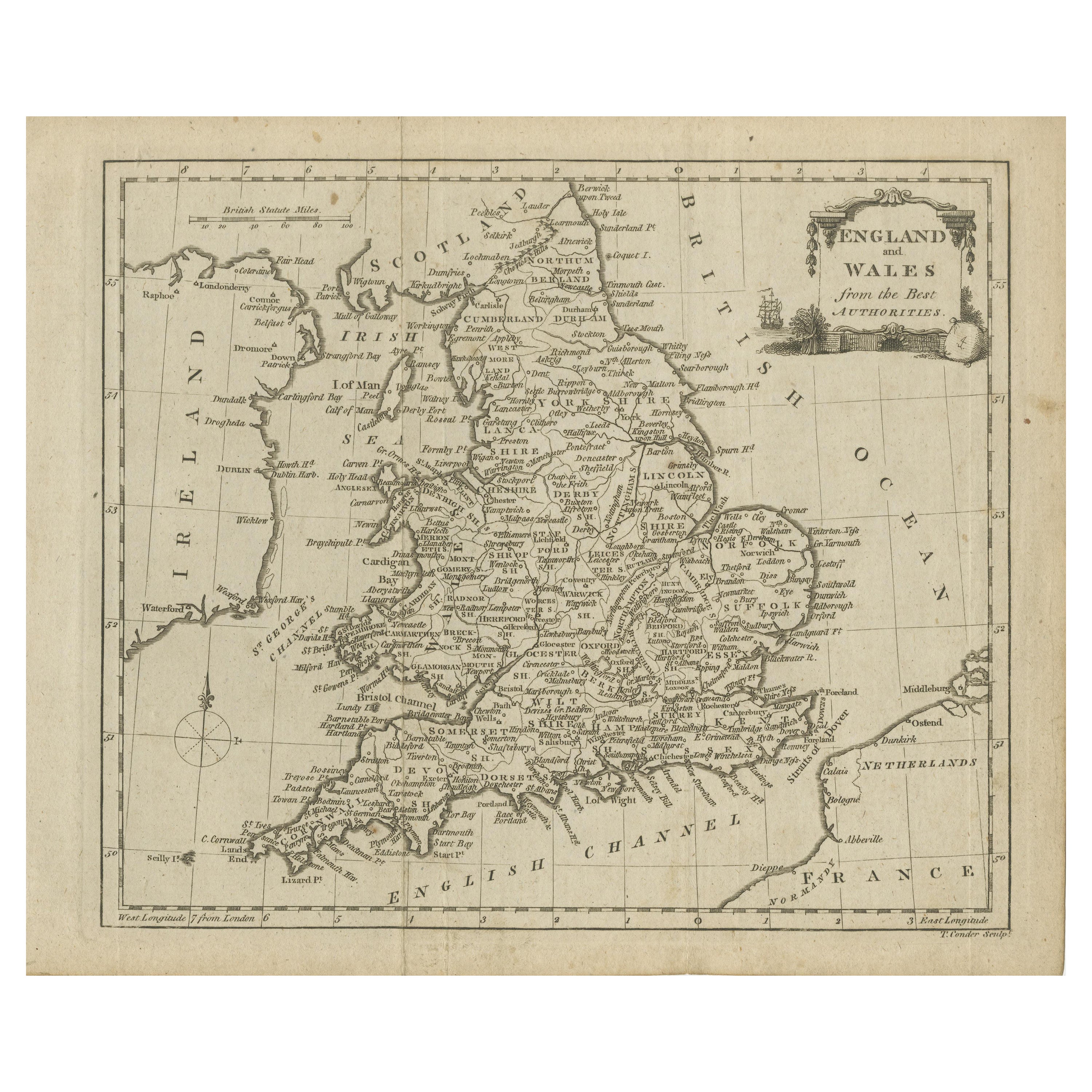Original Antique Map of England and Wales, with Decorative Cartouche For Sale