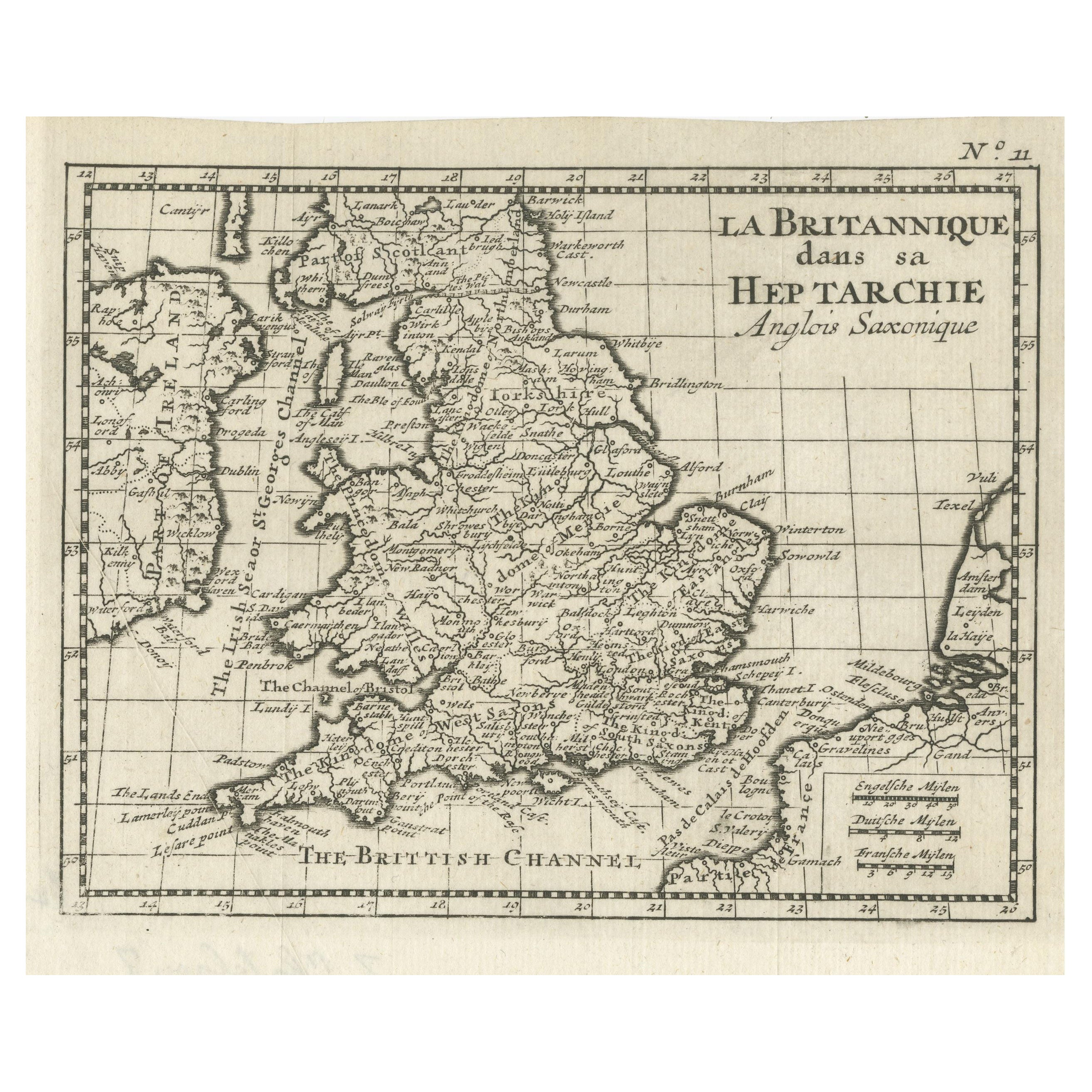 Antike Karte von England und Wales, die während der Heptarchy-Zeit im Angebot