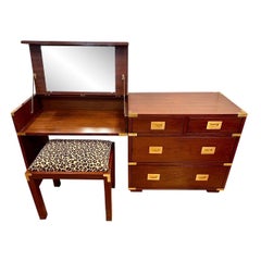 Vintage Midcentury Campaign Style Vanity Desk, Chest and Stool